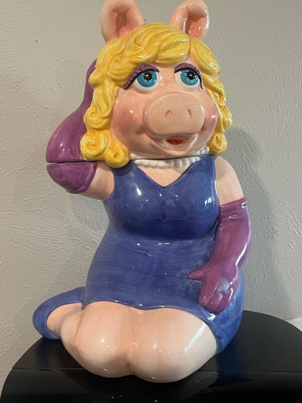 Ceramic Pig Figurine Cookie Jar in Purple Dress